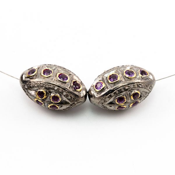 925 Sterling Silver Pave Diamond Beads with Amethyst Stone, Drum Shape-23.50x14.00mm, Gold And Black Rhodium Plating. Sold By 1 Pcs, F-1713