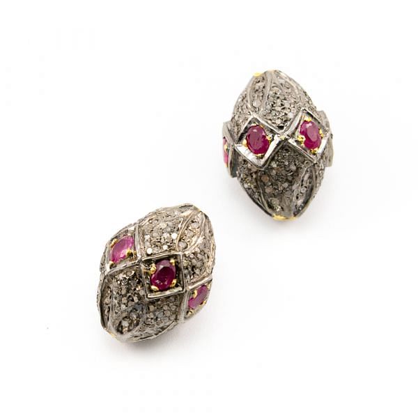 925 Sterling Silver Pave Diamond Beads with Ruby Stone, Drum Shape-20.50x15.00mm, Gold And Black Rhodium Plating. Sold By 1 Pcs, F-1717