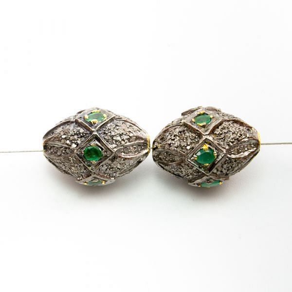 925 Sterling Silver Pave Diamond Beads with Emerald Stone, Drum Shape-20.00x15.00mm, Gold And Black Rhodium Plating. Sold By 1 Pcs, F-1718