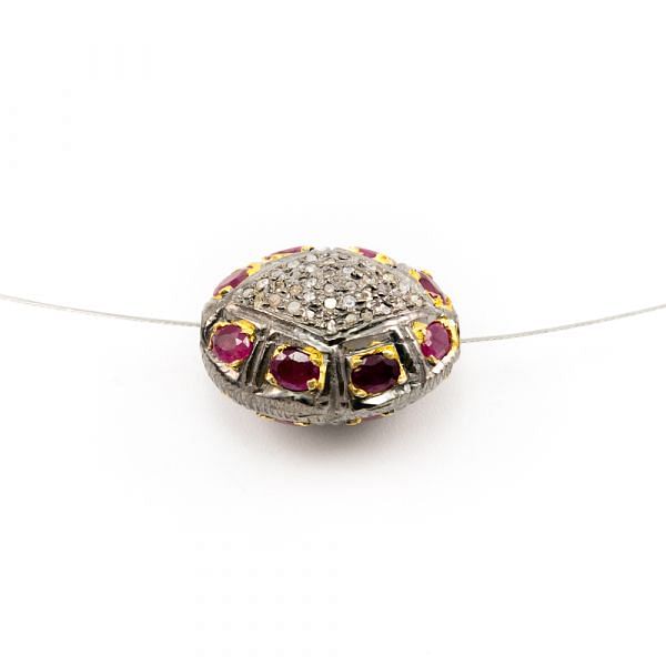 925 Sterling Silver Pave Diamond Beads with Ruby Stone, Oval Shape-21.00x17.00x13.50mm, Gold And Black Rhodium Plating. Sold By 1 Pcs, F-1720