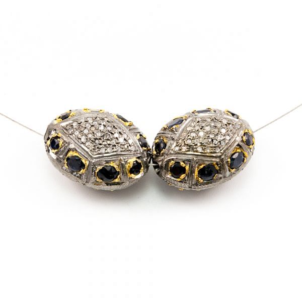925 Sterling Silver Pave Diamond Beads with Sapphire Stone, Oval Shape-21.50x16.50x13.00mm, Gold And Black Rhodium Plating. Sold By 1 Pcs, F-1721