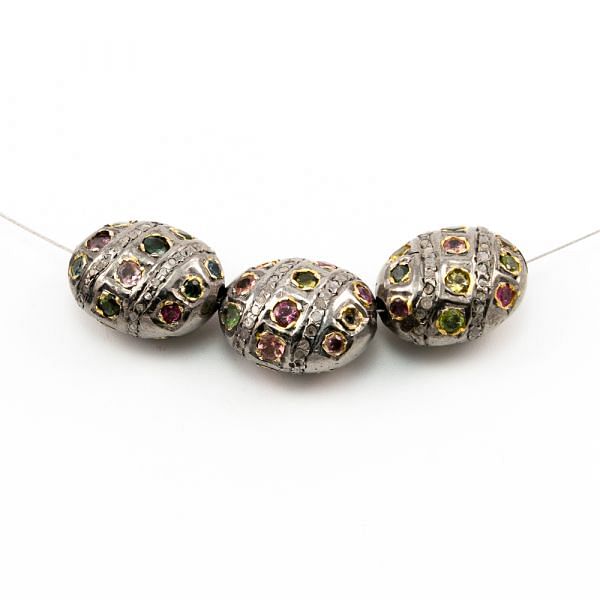925 Sterling Silver Pave Diamond Beads with Multi Tourmaline Stone, Oval Shape-20.00x16.00x11.00mm, Gold And Black Rhodium Plating. Sold By 1 Pcs, F-1723