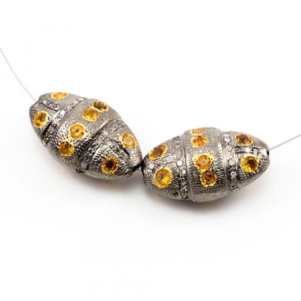 925 Sterling Silver Pave Diamond Beads with Tourmaline Stone, Oval Shape-27.00x16.00x12.00mm, Gold And Black Rhodium Plating. Sold By 1 Pcs, F-1728