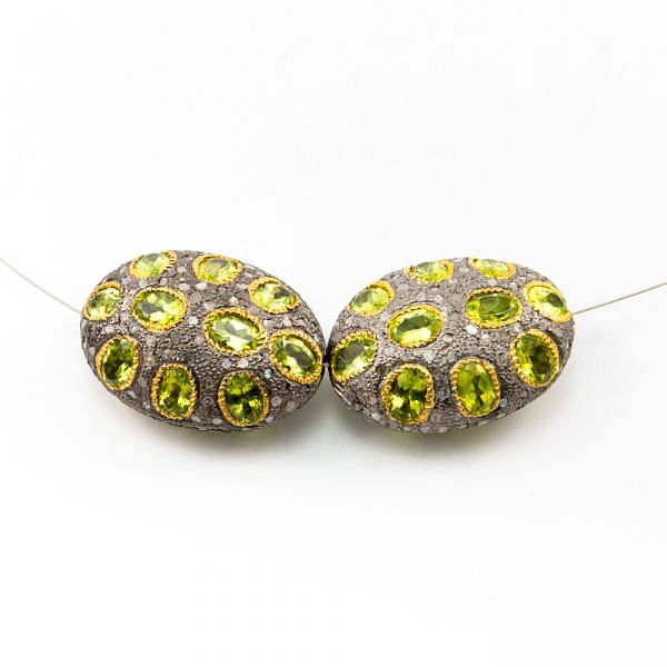 925 Sterling Silver Pave Diamond Beads with Peridot  Stone, Oval Shape-29.00x21.00x13.50mm, Gold And Black Rhodium Plating. Sold By 1 Pcs, F-1733