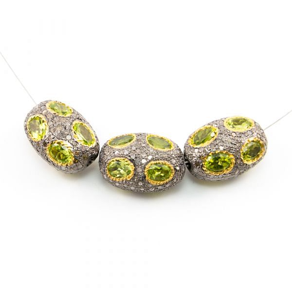 925 Sterling Silver Pave Diamond Beads with Peridot  Stone, Oval Shape-23.00x16.00x13.00mm, Gold And Black Rhodium Plating. Sold By 1 Pcs, F-1737