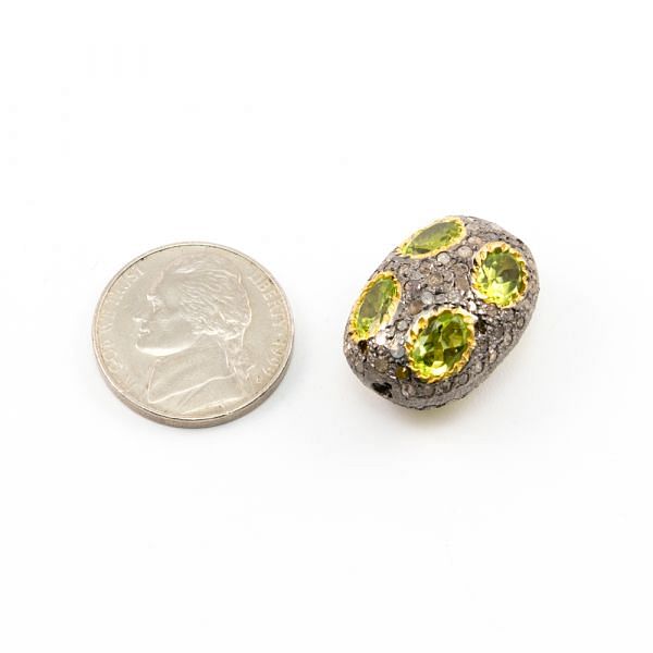 925 Sterling Silver Pave Diamond Beads with Peridot  Stone, Oval Shape-23.00x16.00x13.00mm, Gold And Black Rhodium Plating. Sold By 1 Pcs, F-1737