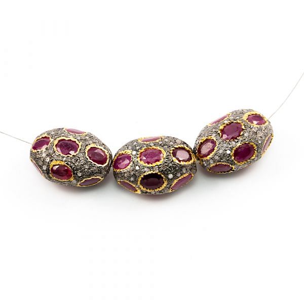 925 Sterling Silver Pave Diamond Beads with Ruby Stone, Oval Shape-24.00x17.50x13.00mm, Gold And Black Rhodium Plating. Sold By 1 Pcs, F-1743