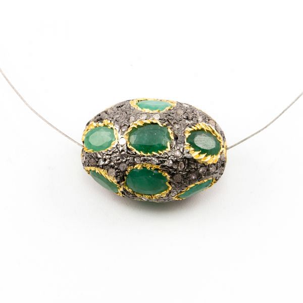 925 Sterling Silver Pave Diamond Beads with Emerald Stone, Oval Shape-24.00x17.50x13.00mm, Gold And Black Rhodium Plating. Sold By 1 Pcs, F-1744