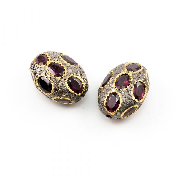 925 Sterling Silver Pave Diamond Beads with Tourmaline Stone, Oval Shape-24.00x17.50x13.00mm, Gold And Black Rhodium Plating. Sold By 1 Pcs, F-1746