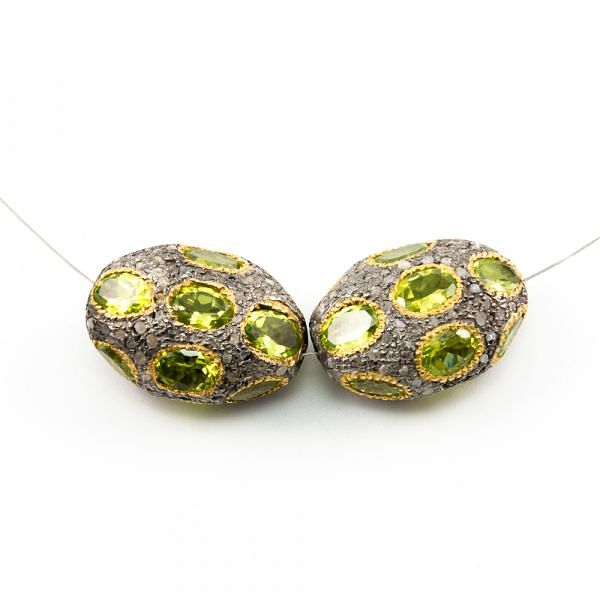 925 Sterling Silver Pave Diamond Beads with Peridot Stone, Oval Shape-24.00x17.50x13.00mm, Gold And Black Rhodium Plating. Sold By 1 Pcs, F-1747