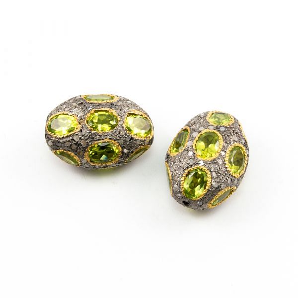 925 Sterling Silver Pave Diamond Beads with Peridot Stone, Oval Shape-24.00x17.50x13.00mm, Gold And Black Rhodium Plating. Sold By 1 Pcs, F-1747