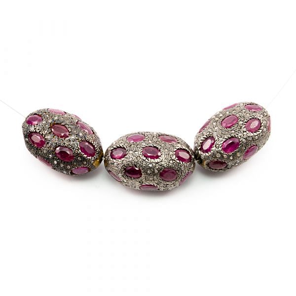 925 Sterling Silver Pave Diamond Beads with Ruby Stone, Oval Shape-24.00x16.00x13.00mm, Gold And Black Rhodium Plating. Sold By 1 Pcs, F-1751