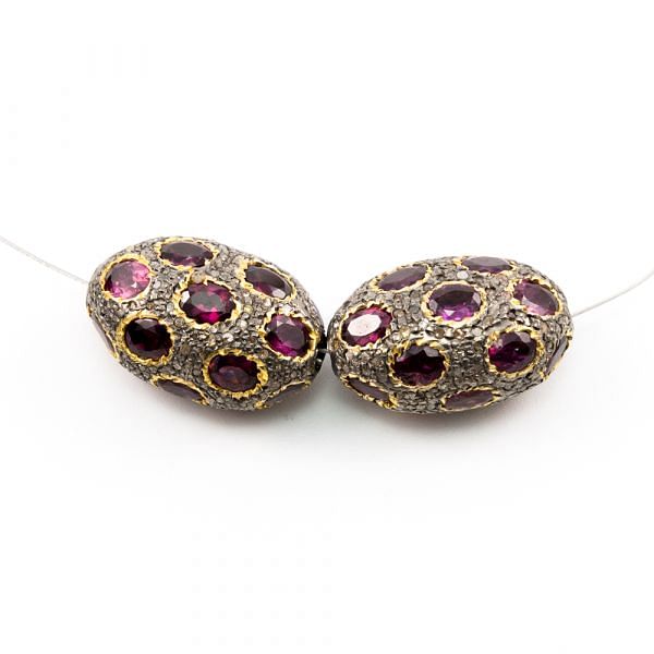 925 Sterling Silver Pave Diamond Beads with Tourmaline Stone, Oval Shape-24.00x15.00x12.00mm, Gold And Black Rhodium Plating. Sold By 1 Pcs, F-1753