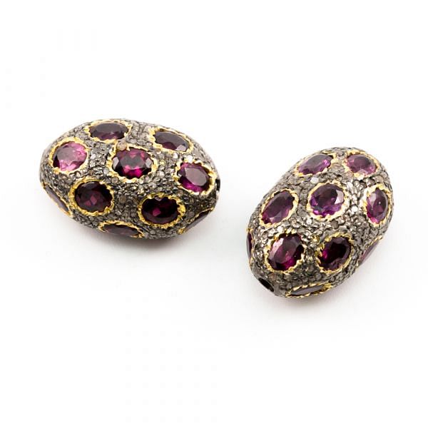925 Sterling Silver Pave Diamond Beads with Tourmaline Stone, Oval Shape-24.00x15.00x12.00mm, Gold And Black Rhodium Plating. Sold By 1 Pcs, F-1753