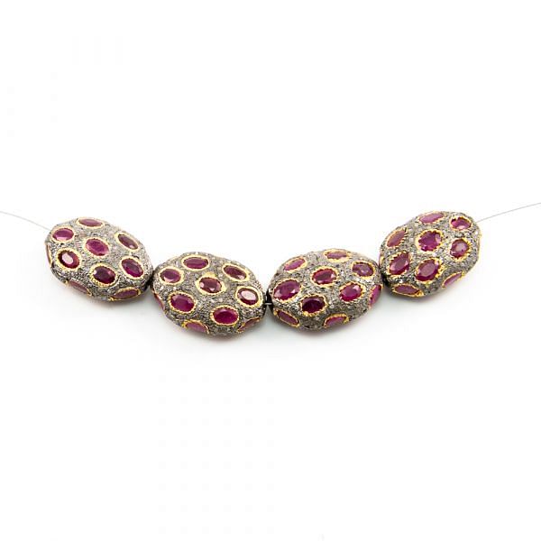 925 Sterling Silver Pave Diamond Beads with Ruby Stone, Oval Shape-24.50x17.0x9.50mm, Gold And Black Rhodium Plating. Sold By 1 Pcs, F-1757