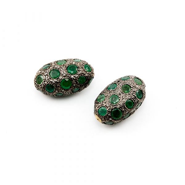 925 Sterling Silver Pave Diamond Beads with Emerald Stone, Oval Shape-14.00x23.00x11.00mm, Gold And Black Rhodium Plating. Sold By 1 Pcs, F-1764