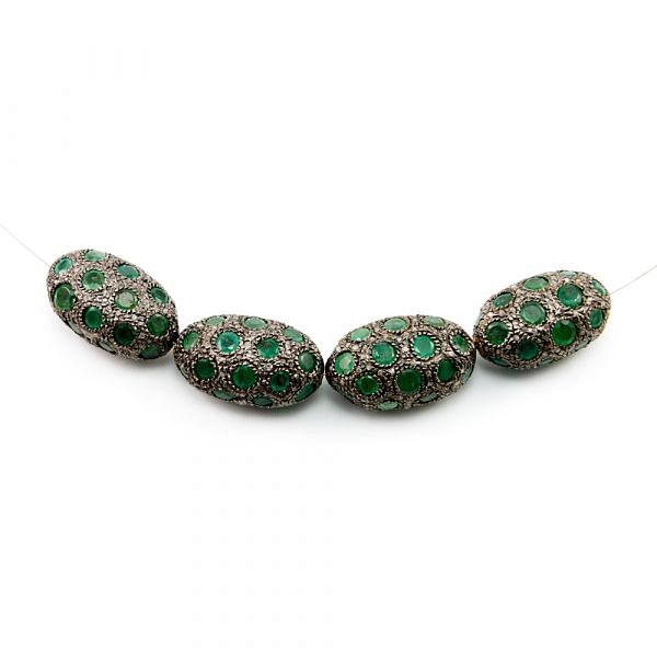 925 Sterling Silver Pave Diamond Beads with Emerald Stone, Oval Shape-14.00x23.00x11.00mm, Gold And Black Rhodium Plating. Sold By 1 Pcs, F-1764