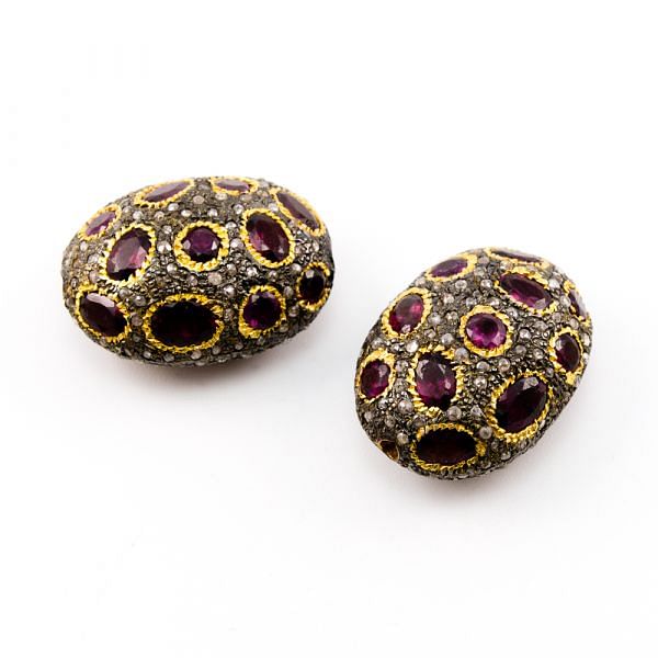 925 Sterling Silver Pave Diamond Beads with Multi Tourmaline Stone, Oval Shape-29.00x22.00x14.50mm, Gold And Black Rhodium Plating. Sold By 1 Pcs, F-1770