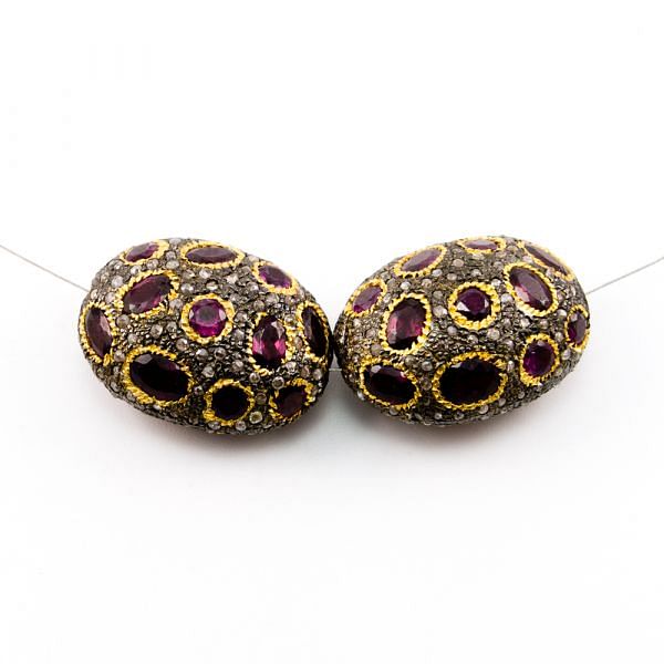 925 Sterling Silver Pave Diamond Beads with Multi Tourmaline Stone, Oval Shape-29.00x22.00x14.50mm, Gold And Black Rhodium Plating. Sold By 1 Pcs, F-1770