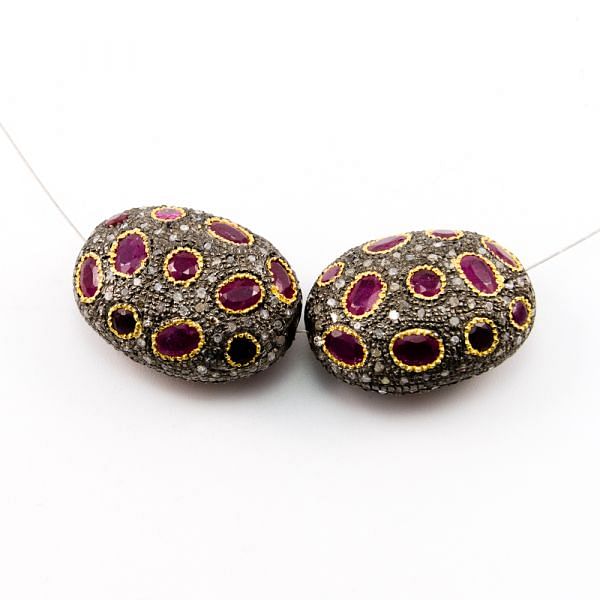 925 Sterling Silver Pave Diamond Beads with Ruby Stone, Oval Shape-29.00x21.00x24.00mm, Gold And Black Rhodium Plating. Sold By 1 Pcs, F-1771