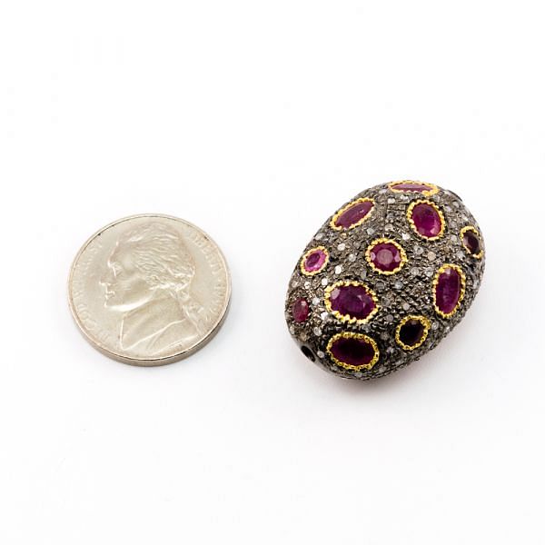925 Sterling Silver Pave Diamond Beads with Ruby Stone, Oval Shape-29.00x21.00x24.00mm, Gold And Black Rhodium Plating. Sold By 1 Pcs, F-1771