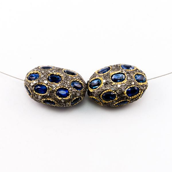 925 Sterling Silver Pave Diamond Beads with Kyanite Stone, Oval Shape-23.00x15.00x11.50mm, Gold And Black Rhodium Plating. Sold By 1 Pcs, F-1773