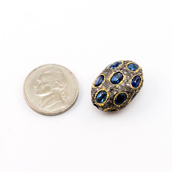 925 Sterling Silver Pave Diamond Beads with Kyanite Stone, Oval Shape-23.00x15.00x11.50mm, Gold And Black Rhodium Plating. Sold By 1 Pcs, F-1773