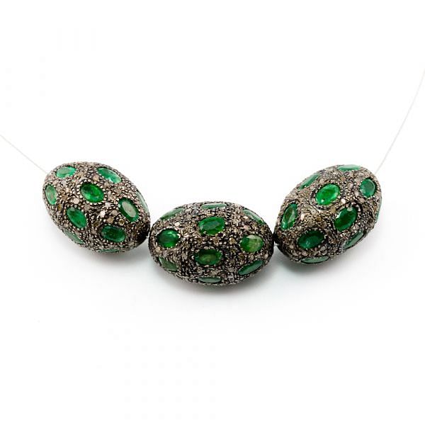 925 Sterling Silver Pave Diamond Beads with Emerald Stone, Drum Shape-22.00x15.00mm, Gold And Black Rhodium Plating. Sold By 1 Pcs, F-1782