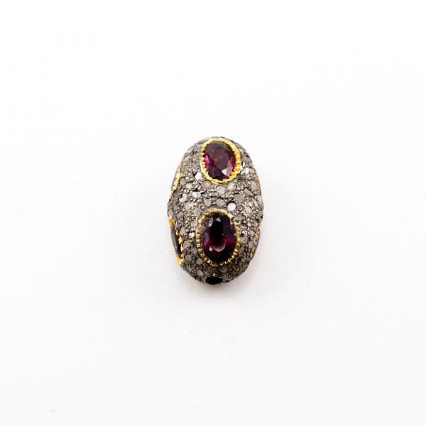 925 Sterling Silver Pave Diamond Beads with Tourmaline Stone, Oval Shape-19.00x11.50x9.00mm, Gold And Black Rhodium Plating. Sold By 1 Pcs, F-1792
