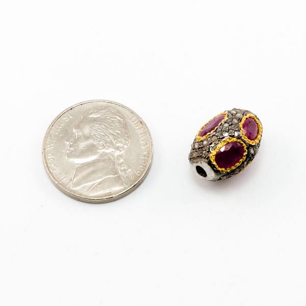 925 Sterling Silver Pave Diamond Beads with Ruby Stone, Oval Shape-15.50x12.00x10.50mm, Gold And Black Rhodium Plating. Sold By 1 Pcs, F-1793