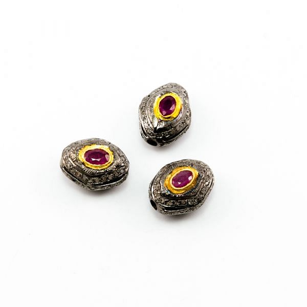 925 Sterling Silver Pave Diamond Beads with Ruby Stone, Fancy Shape-16.00x12.00x8.50mm, Gold And Black Rhodium Plating. Sold By 1 Pcs, F-1794