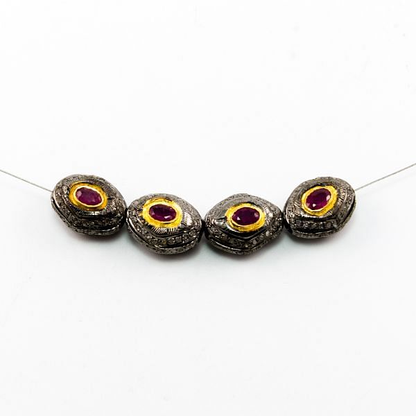 925 Sterling Silver Pave Diamond Beads with Ruby Stone, Fancy Shape-16.00x12.00x8.50mm, Gold And Black Rhodium Plating. Sold By 1 Pcs, F-1794