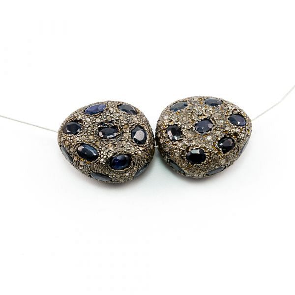 925 Sterling Silver Pave Diamond Beads with Sapphire Stone, Fancy Shape-20.00x18.00x9.50mm, Gold And Black Rhodium Plating. Sold By 1 Pcs, F-1796