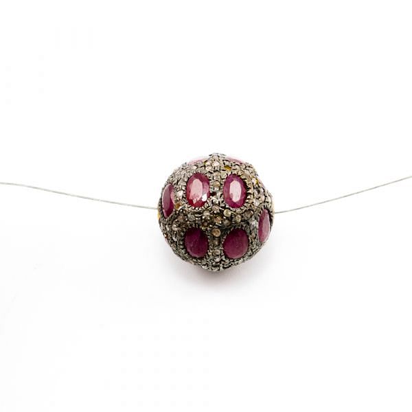 925 Sterling Silver Pave Diamond Beads with Ruby Stone, Round Ball Shape-17.50mm, Gold And Black Rhodium Plating. Sold By 1 Pcs, F-1797