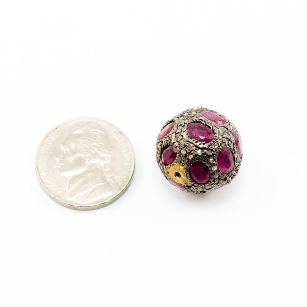 925 Sterling Silver Pave Diamond Beads with Ruby Stone, Round Ball Shape-17.50mm, Gold And Black Rhodium Plating. Sold By 1 Pcs, F-1797