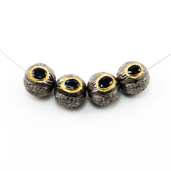 925 Sterling Silver Pave Diamond Beads with Sapphire Stone, Round Ball Shape-13.50mm, Gold And Black Rhodium Plating. Sold By 1 Pcs, F-1804
