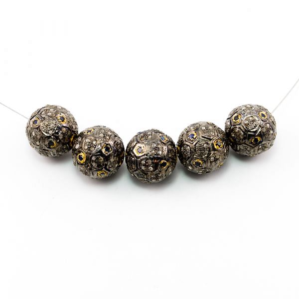 925 Sterling Silver Pave Diamond Beads with Sapphire Stone, Round Shape-14.00mm, Gold And Black Rhodium Plating. Sold By 1 Pcs, F-1807