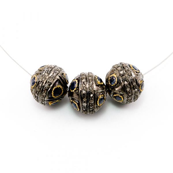 925 Sterling Silver Pave Diamond Beads with Sapphire Stone, Roundel Shape-12.50x13.00mm, Gold And Black Rhodium Plating. Sold By 1 Pcs, F-1808
