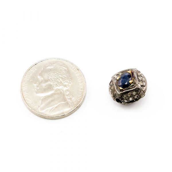925 Sterling Silver Pave Diamond Beads with Sapphire Stone, Roundel Shape-12.00x9.00mm, Gold And Black Rhodium Plating. Sold By 1 Pcs, F-1809
