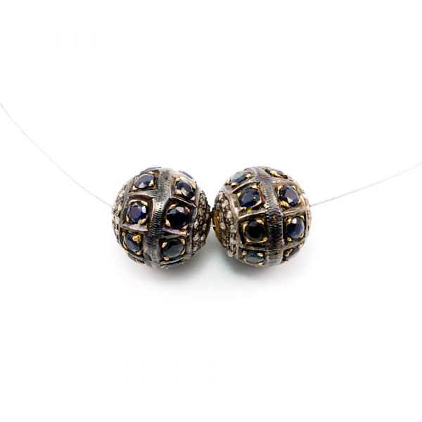 925 Sterling Silver Pave Diamond Beads with Sapphire Stone, Round Ball Shape-14.50x15.00mm, Gold And Black Rhodium Plating. Sold By 1 Pcs, F-1812