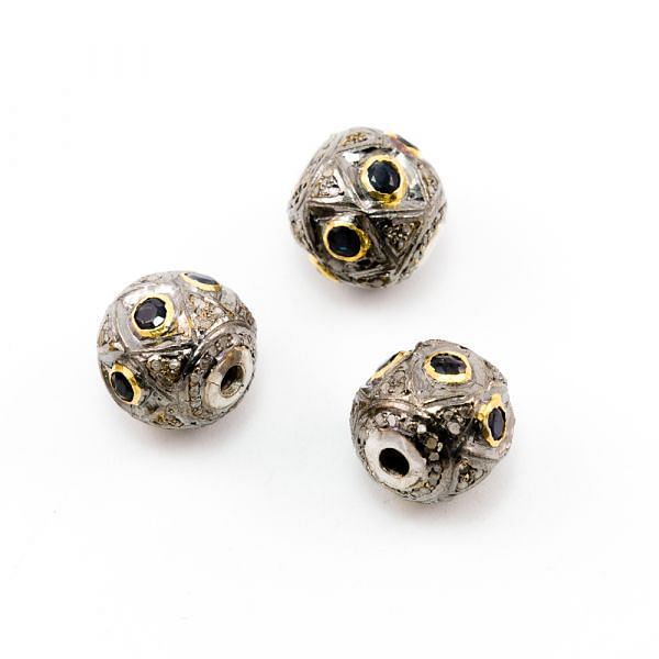 925 Sterling Silver Pave Diamond Beads with Sapphire Stone, Round Ball Shape-12.50x13.00mm, Gold And Black Rhodium Plating. Sold By 1 Pcs, F-1813