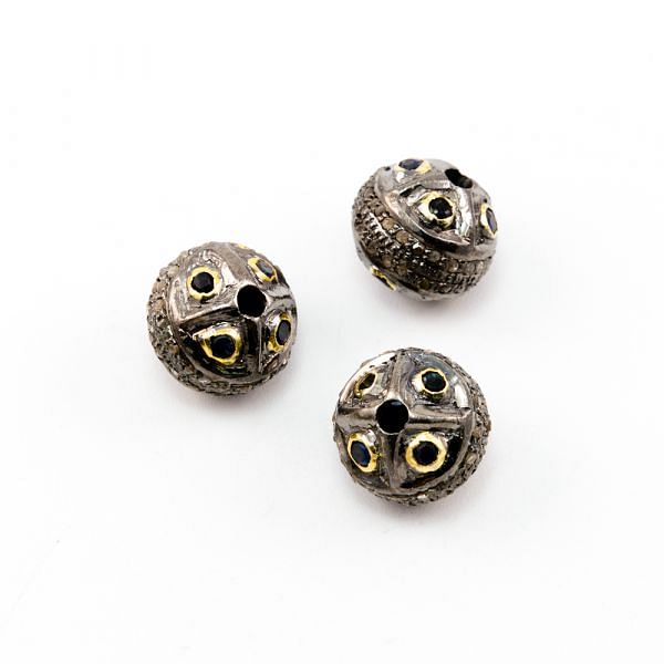 925 Sterling Silver Pave Diamond Beads with Sapphire Stone, Roundel Shape-11.00x12.50mm, Gold And Black Rhodium Plating. Sold By 1 Pcs, F-1818
