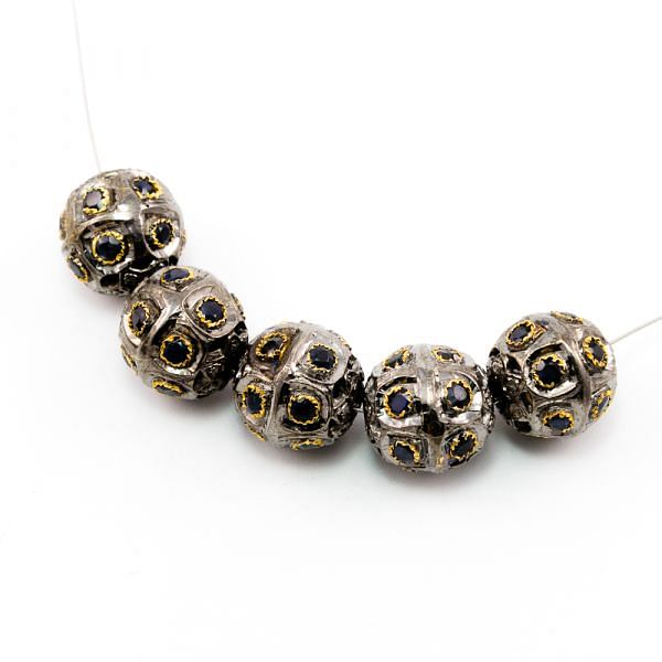 925 Sterling Silver Pave Diamond Beads with Sapphire Stone, Round Ball Shape-13.50mm, Gold And Black Rhodium Plating. Sold By 1 Pcs, F-1819