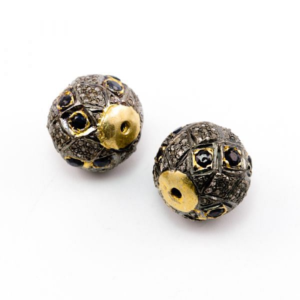 925 Sterling Silver Pave Diamond Beads with Sapphire Stone, Roundel Shape-16.00x17.00mm, Gold And Black Rhodium Plating. Sold By 1 Pcs, F-1820