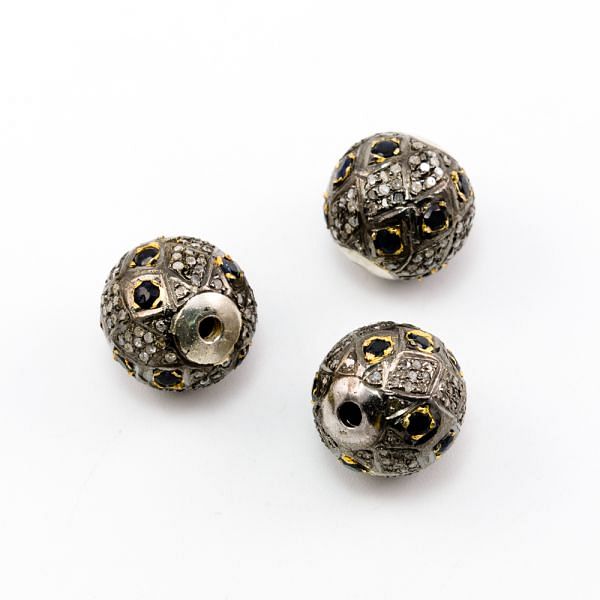 925 Sterling Silver Pave Diamond Beads with Sapphire Stone, Roundel Shape-15.00x16.00mm, Gold And Black Rhodium Plating. Sold By 1 Pcs, F-1821