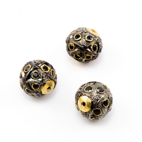 925 Sterling Silver Pave Diamond Beads with Sapphire Stone, Roundel Shape-15.50x17.00mm, Gold And Black Rhodium Plating. Sold By 1 Pcs, F-1823
