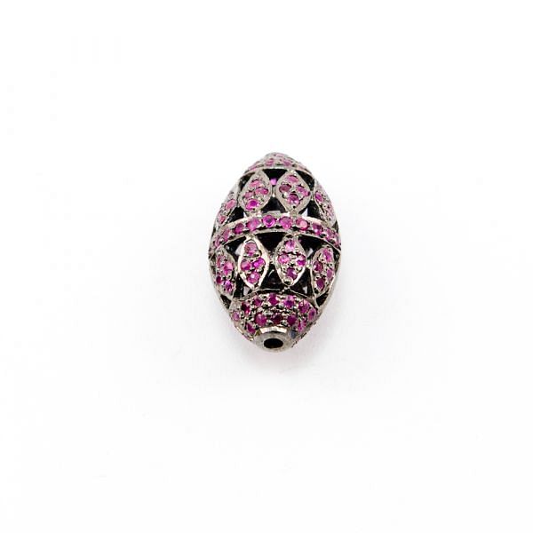 925 Sterling Silver Pave Diamond Beads with Ruby Stone, Oval Shape-20.00x12.00x10.00mm, Black Rhodium Plating. Sold By 1 Pcs, F-1831