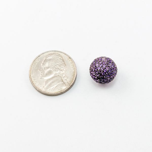 925 Sterling Silver Pave Diamond Bead with Amethyst Stone, Round Ball Shape-12.00mm, Black Rhodium Plating. Sold By 1 Pcs, F-1869