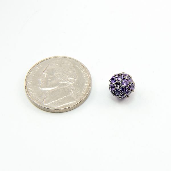 925 Sterling Silver Pave Diamond Bead with Amethyst Stone, Round Ball Shape-8.00mm, Black Rhodium Plating. Sold By 1 Pcs, F-1895