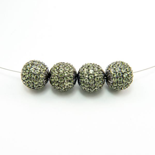 925 Sterling Silver Pave Diamond Bead with Peridot Stone, Round Ball Shape-12.00mm, Black Rhodium Plating. Sold By 1 Pcs, F-1896